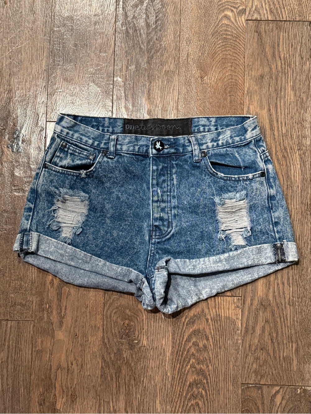 One Teaspoon Acid Wash Distressed Denim Shorts - Blue